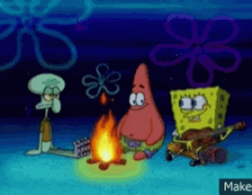 Spongebob Patrick And Squidward Are Sitting Around A Fire GIF