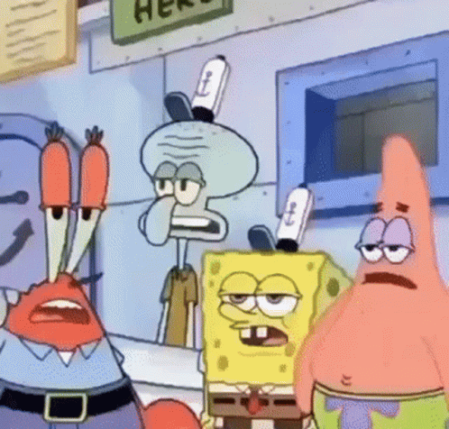 SpongeBob Patrick and Squidward Standing in Front of Here Sign