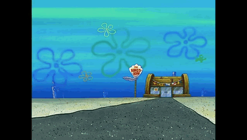 SpongeBob Scene With Flowers And Krusty Krab Sign