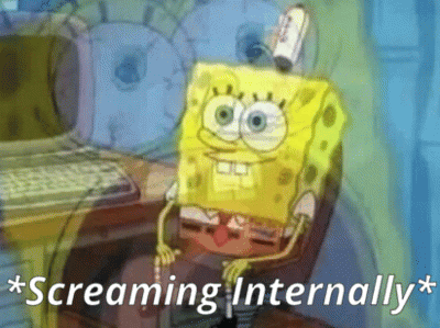 SpongeBob Sitting at Computer Screaming