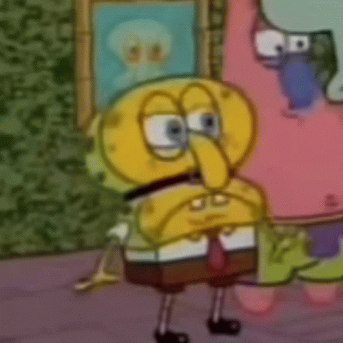spongebob squarepants and patrick star are standing next to each other in a room with a painting on the wall .
