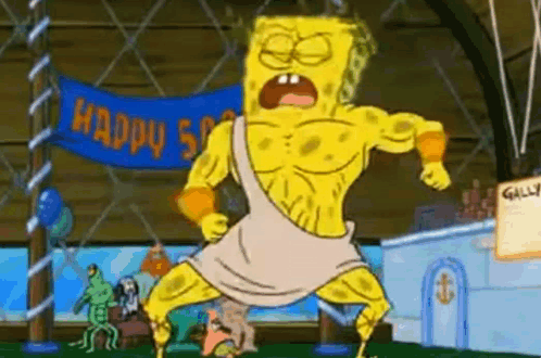 SpongeBob SquarePants Dressed As Gladiator In Front Of Happy 50Th Sign GIF