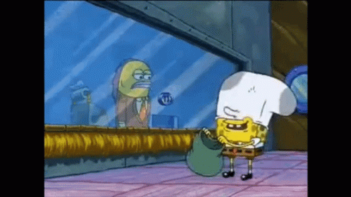 SpongeBob SquarePants in Chef Hat Holding Bag Looking Out Window
