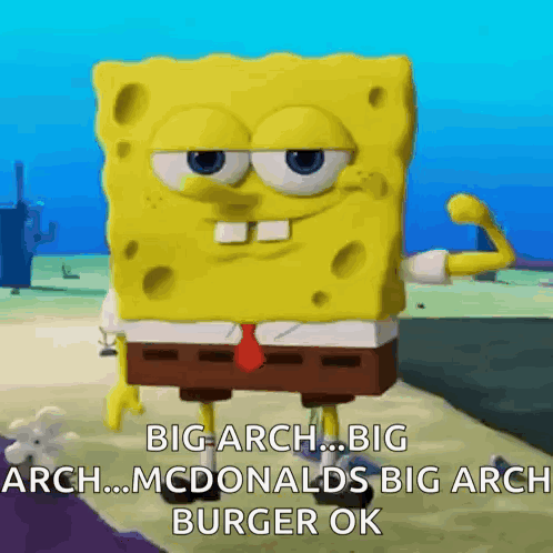 Spongebob Squarepants Is Flexing His Muscles And Saying Big Arch ... Big Arch ... Mcdonalds Big Arch Burger Ok . GIF