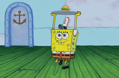 Spongebob Squarepants Is Holding A Tray With A Hamburger On It GIF