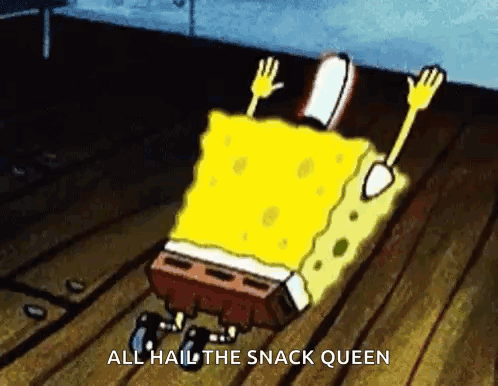 Spongebob Squarepants Is Laying On A Wooden Floor With The Words `` All Hail The Snack Queen '' . GIF