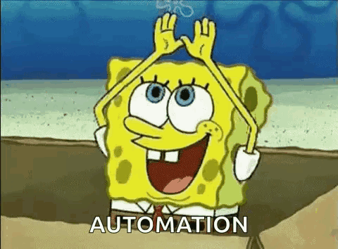 Spongebob Squarepants Is Making A Funny Face With His Hands In The Air And Says Automation . GIF