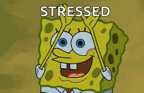 Spongebob Squarepants Is Smiling And Holding His Hands Up In The Air While Stressed . GIF