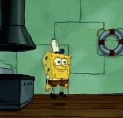 Spongebob Squarepants Is Standing In A Kitchen With A Life Preserver On The Wall Behind Him GIF