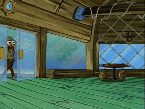 SpongeBob Standing In Room With Table And Barrels GIF