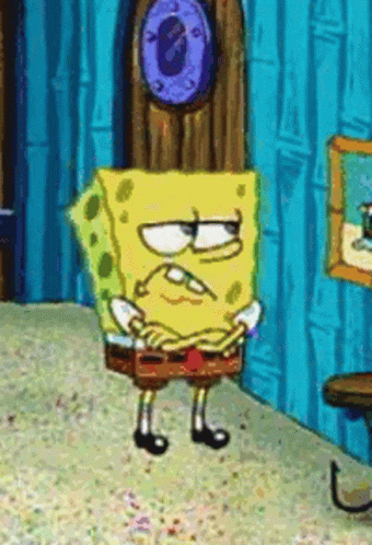 Spongebob Squarepants Is Standing In A Room With His Arms Crossed And A Clock On The Wall . GIF