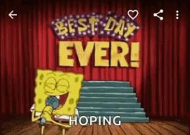 Spongebob Squarepants Is Standing On A Stage With A Microphone In Front Of A Red Curtain . GIF