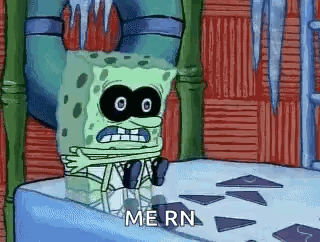 Spongebob Squarepants Is Wearing A Mask And Sitting On A Ice Cube . GIF