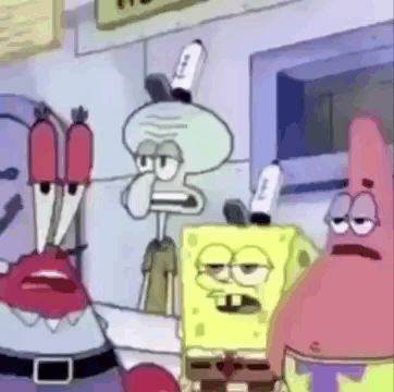 Spongebob Squarepants , Patrick Star , And Squidward Are Standing Next To Each Other In A Cartoon . GIF