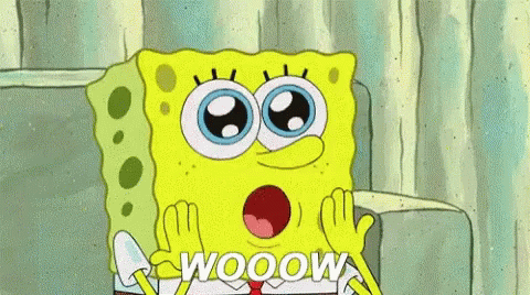 Spongebob Squarepants Sitting on Couch Holding Paper Saying Wooow