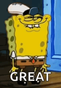 Spongebob Squarepants Standing in Front of Blue Door Saying Great
