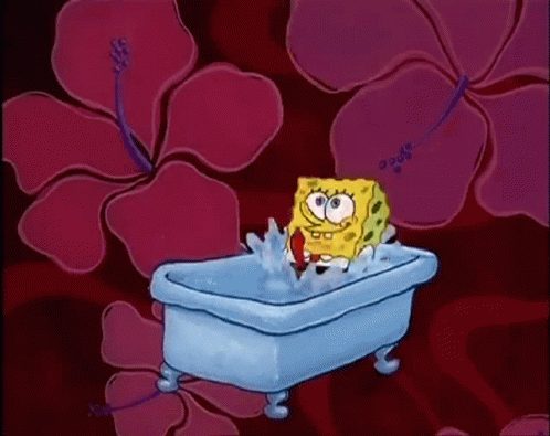 Spongebob Squarepants Taking a Bath in Front of Pink Flower