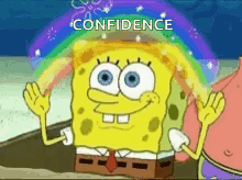 Spongebob Squarepants Waving With Rainbow Saying Confidence