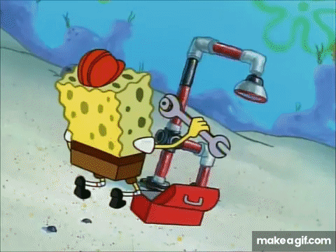 Spongebob Squarepants Working on Pipe With Wrench and Toolbox