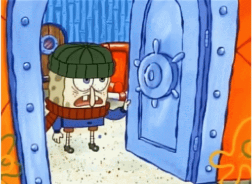 Spongebob Wearing A Green Hat And Scarf Is Opening A Door GIF
