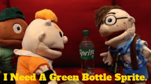 Sprite Bottle on Red Couch With Three Puppets