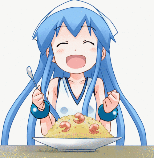 Squid Girl Ika Musume Eating Rice With Shrimps GIF