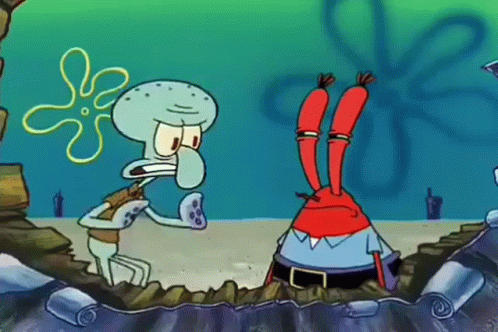 Squidward And Mr. Krabs From Spongebob Squarepants Are Standing Next To Each Other . GIF