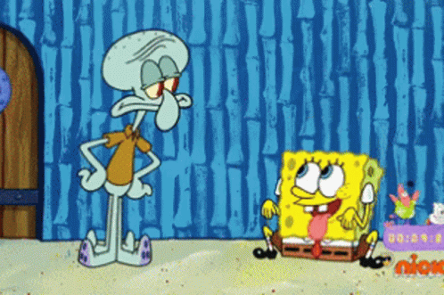 Squidward And Spongebob From Spongebob Squarepants Are Standing Next To Each Other On A Nickelodeon Screen GIF