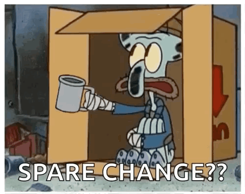Squidward Begging with Mug in Cardboard Box