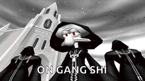 Squidward From Kingdom Hearts Is Standing In Front Of A Church With The Words On Gang Shi Written Below Him GIF