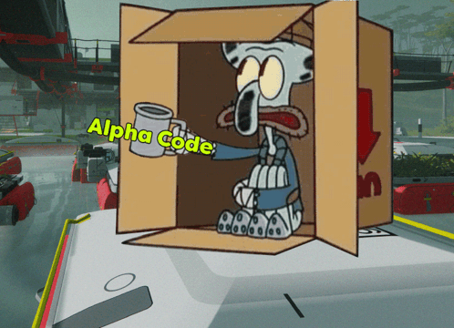 Squidward From Spongebob Is Holding A Mug In A Cardboard Box With Alpha Code Written On It GIF