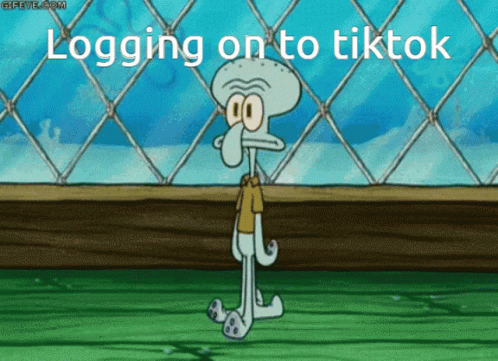 Squidward From Spongebob Is Standing In Front Of A Chain Link Fence With The Words Logging On To Tiktok GIF