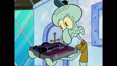 Squidward From Spongebob Squarepants Is Holding A Box With A Sword In It GIF