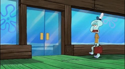 Squidward From Spongebob Squarepants Is Holding A Briefcase In Front Of A Glass Door GIF