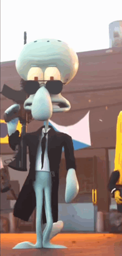Squidward From Spongebob Squarepants Is Holding A Gun And Wearing Sunglasses GIF