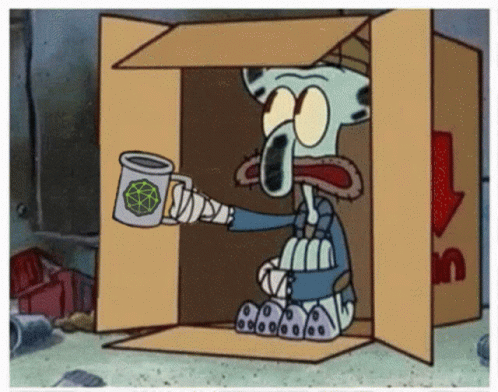 Squidward From Spongebob Squarepants Is Sitting In A Cardboard Box Holding A Cup GIF