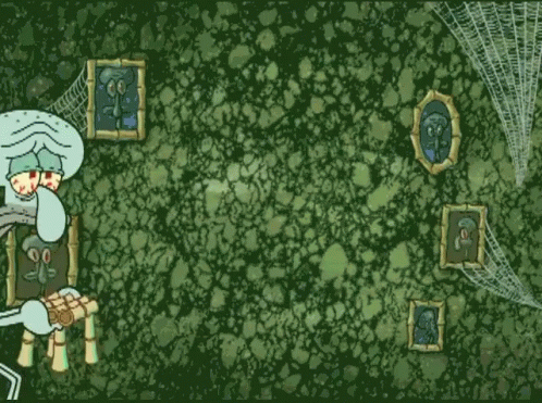 squidward from spongebob squarepants is sitting in front of a wall of pictures