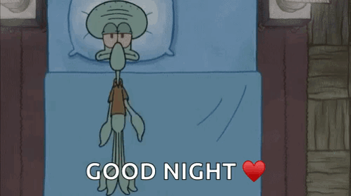 Squidward From Spongebob Squarepants Is Sleeping In A Bed With The Words " Good Night " Above Him GIF