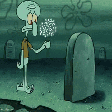 Squidward From Spongebob Squarepants Is Standing In Front Of A Grave Holding A Bouquet Of Dandelions . GIF