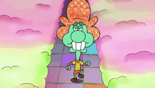 Squidward From Spongebob Squarepants Is Walking Through A Tunnel Of Pink Clouds GIF