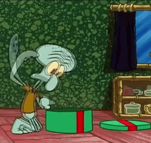 Squidward From SpongeBob SquarePants Looking Into Green Gift Box