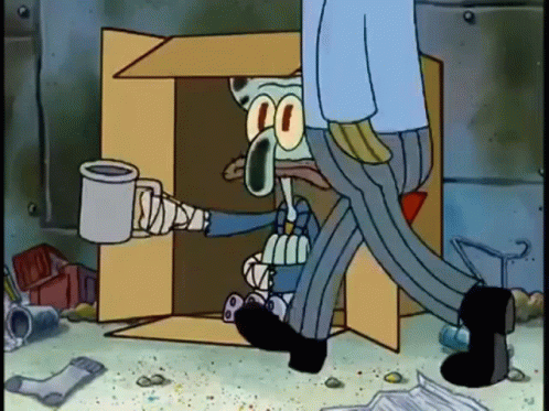 Squidward From Spongebob Squarepants Walks Into A Cardboard Box Holding A Cup Of Coffee GIF