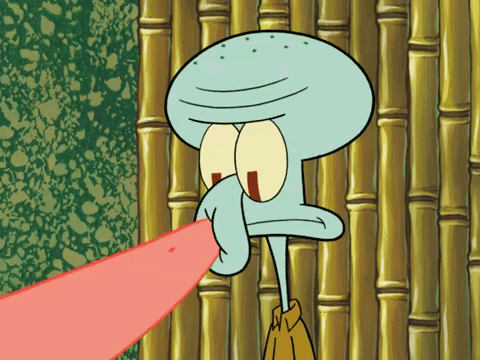Squidward Holding Red Object in Mouth
