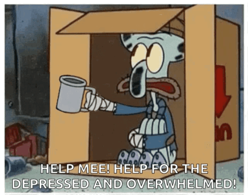 Squidward in Cardboard Box Holding Mug