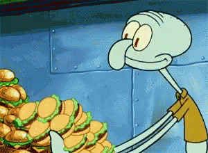 Squidward Next to Pile of Burgers