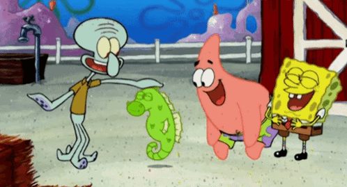 Squidward Patrick and SpongeBob Playing with Seahorse