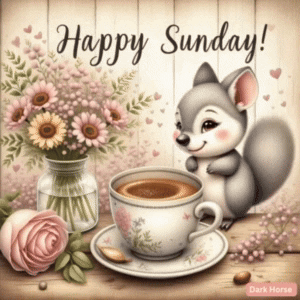 Squirrel Standing Next to Cup of Coffee and Flowers