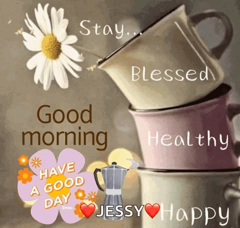 Stack of Coffee Cups Saying Stay Blessed Healthy