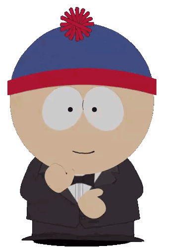 stanley from south park wearing a tuxedo and a red flower on his hat