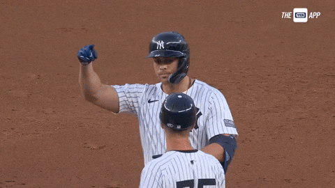 Stanton Talks To Teammate Points Head GIF